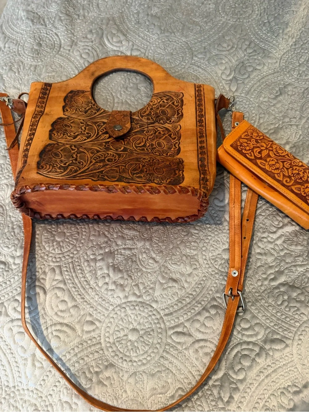 Hand-Tooled Floral Leather Satchel in Tan with Matching Wallet
